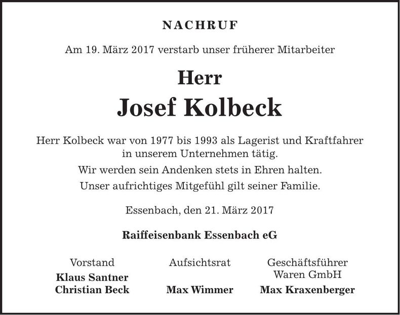 Traueranzeige Josef Kolbeck