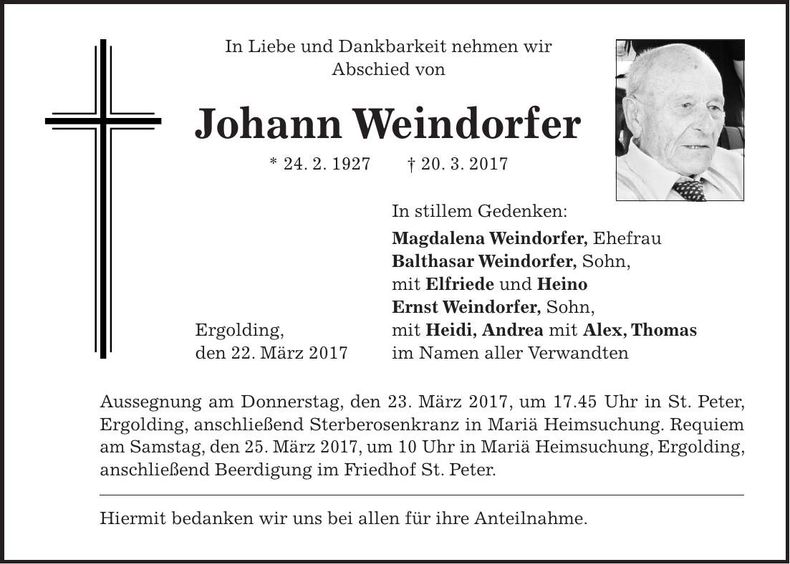 Traueranzeige Johann Weindorfer