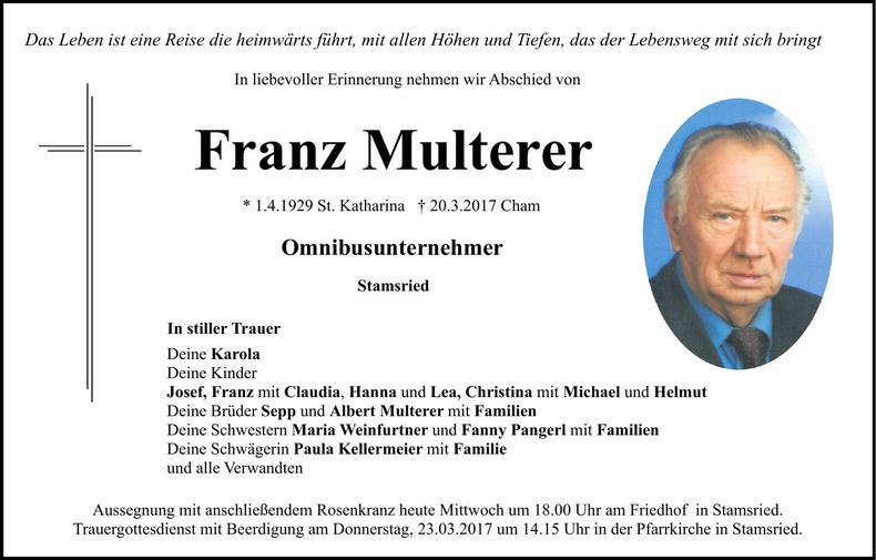 Traueranzeige Franz Multerer