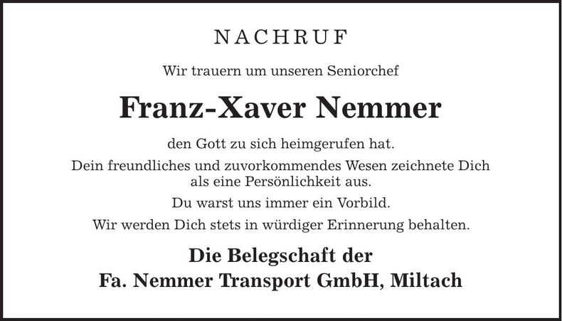 Traueranzeige Franz-Xaver Nemmer