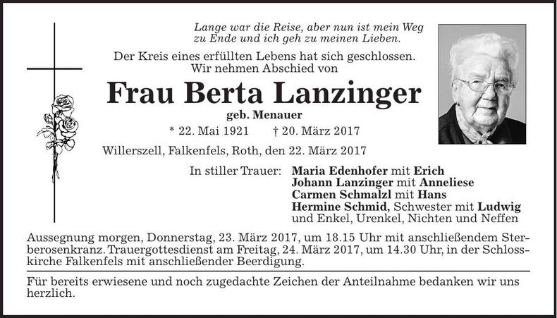 Traueranzeige Berta Lanzinger