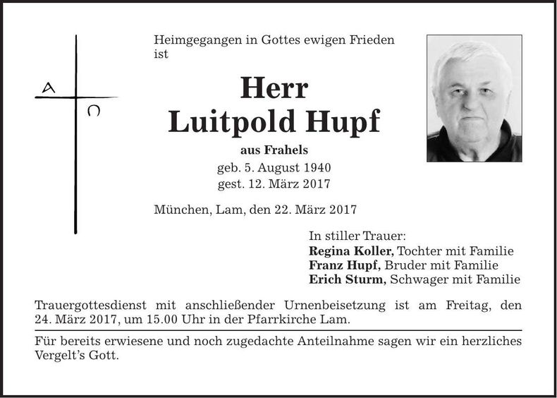 Traueranzeige Luitpold Hupf