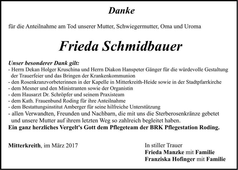Traueranzeige Frieda Schmidbauer