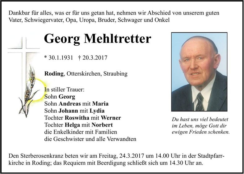 Traueranzeige Georg Mehltretter