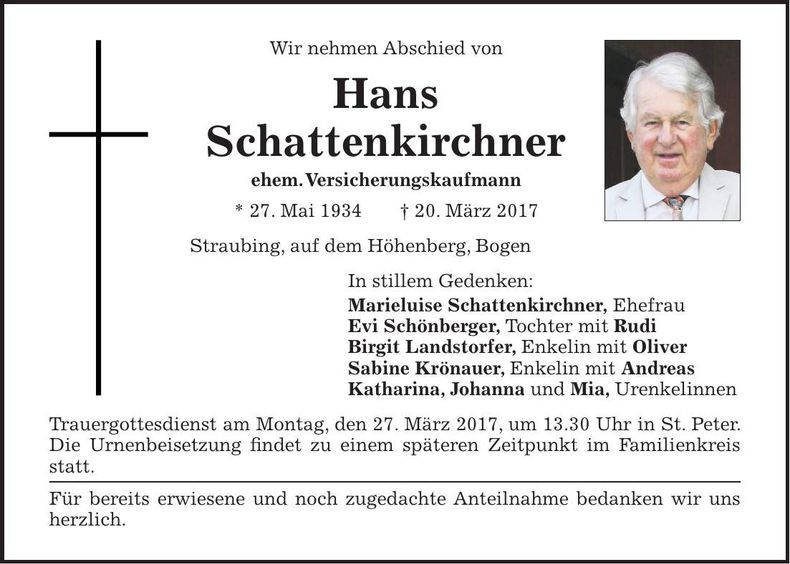 Traueranzeige Hans Schattenkirchner