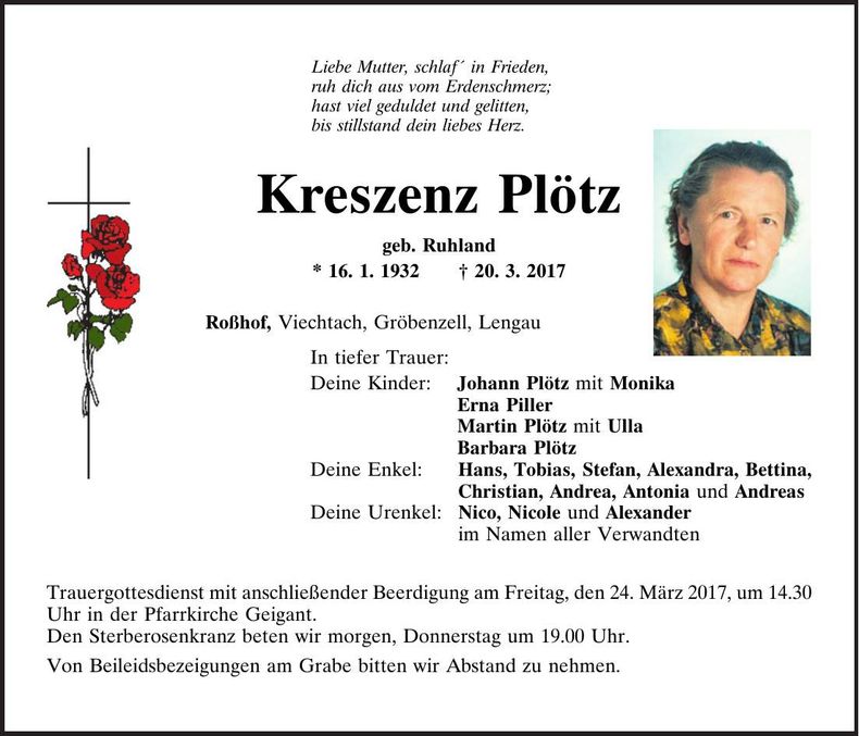 Traueranzeige Kreszenz Plötz