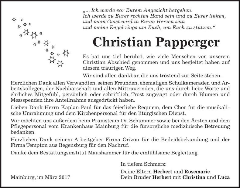 Traueranzeige Christian Papperger