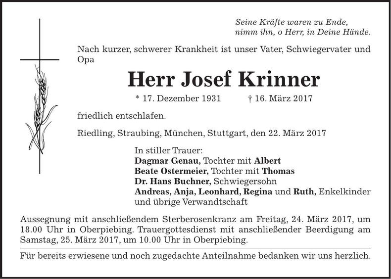 Traueranzeige Josef Krinner