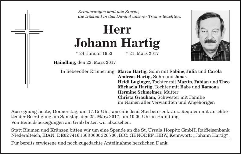 Traueranzeige Johann Hartig
