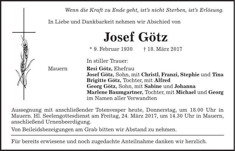 Traueranzeige Josef Götz