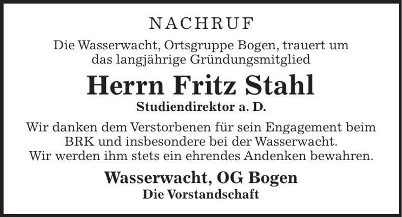 Traueranzeige Fritz Stahl