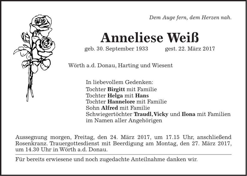 Traueranzeige Anneliese Weiß