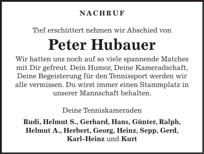 Traueranzeige Peter Hubauer