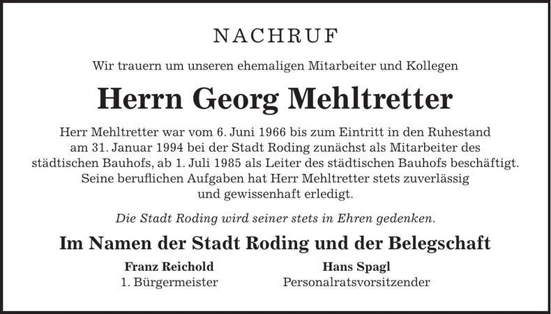 Traueranzeige Georg Mehltretter