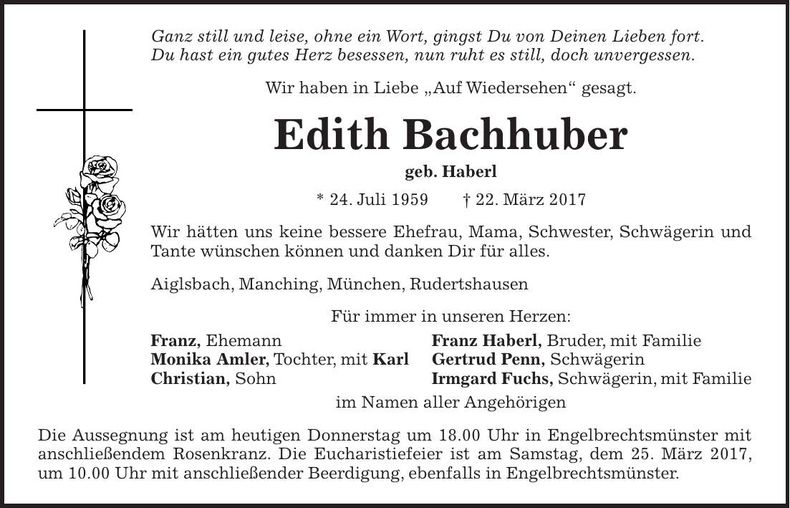Traueranzeige Edith Bachhuber