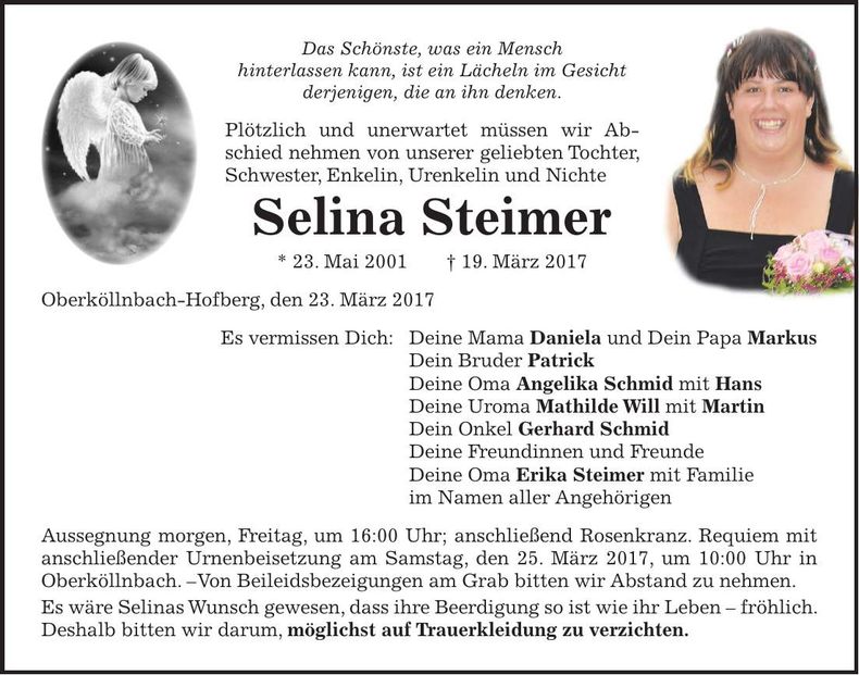 Traueranzeige Selina Steimer