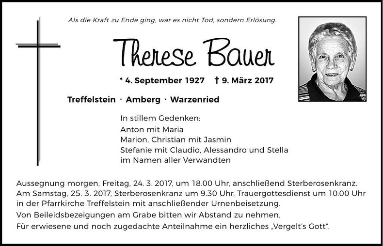 Traueranzeige Therese Bauer