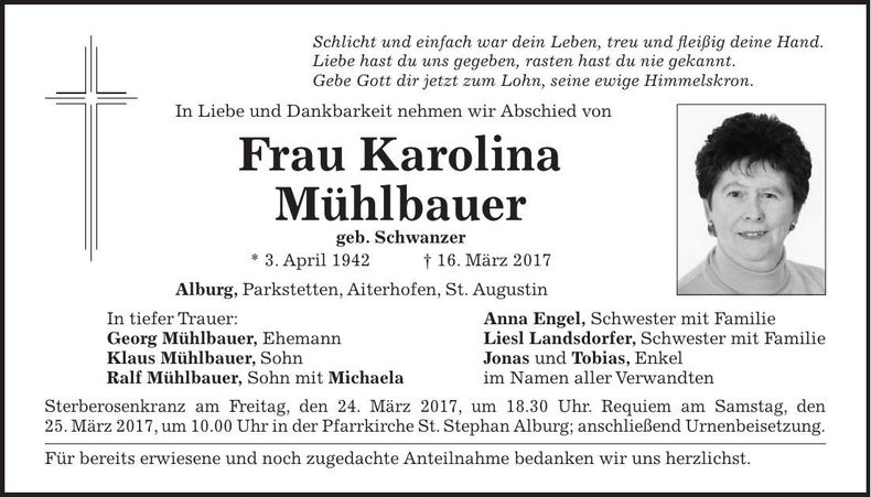 Traueranzeige Karolina Mühlbauer