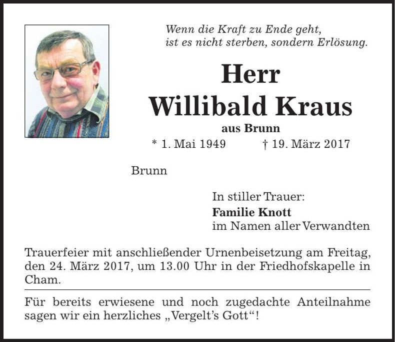Traueranzeige Willibald Kraus