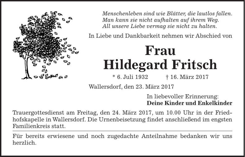 Traueranzeige Hildegard Fritsch