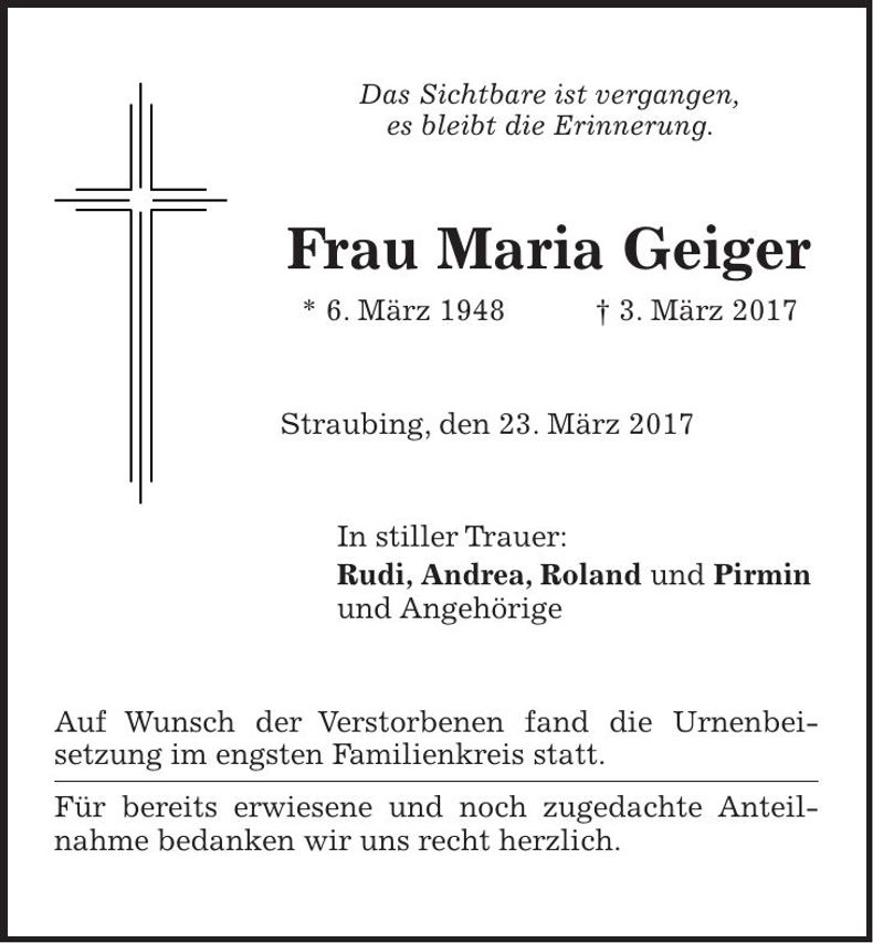 Traueranzeige Maria Geiger