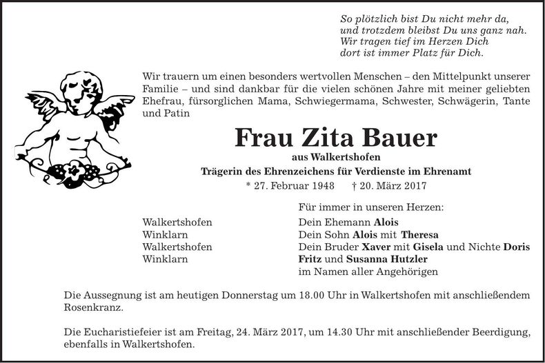 Traueranzeige Zita Bauer