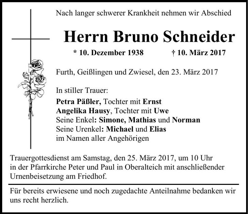Traueranzeige Bruno Schneider