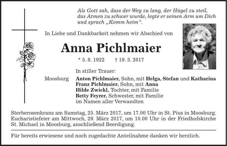 Traueranzeige Anna Pichlmaier