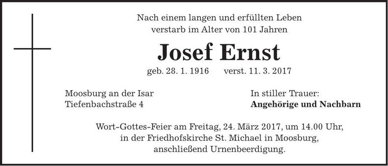 Traueranzeige Josef Ernst