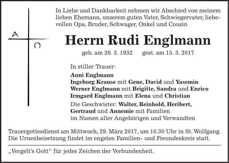 Traueranzeige Rudi Englmann