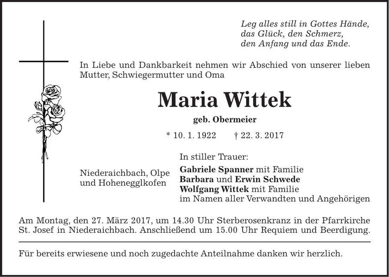 Traueranzeige Maria Wittek