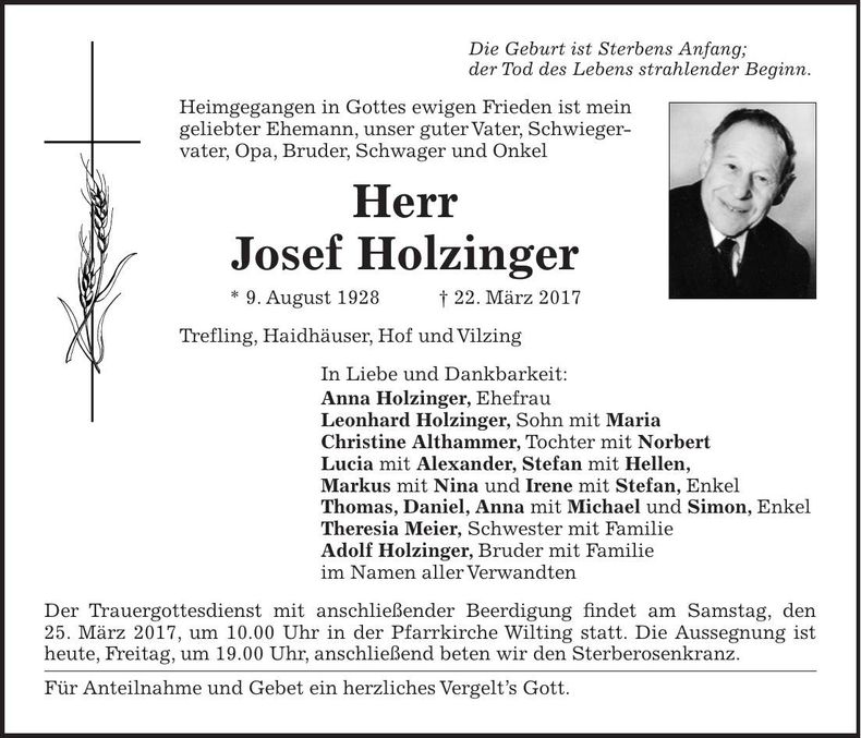 Traueranzeige Josef Holzinger