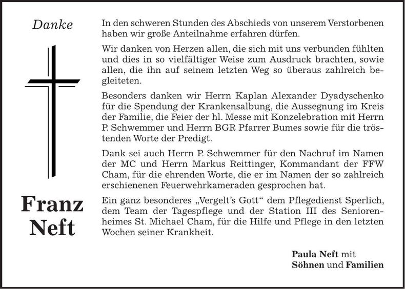 Traueranzeige Franz Neft
