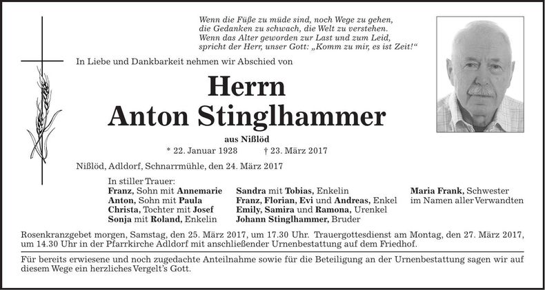 Traueranzeige Anton Stinglhammer