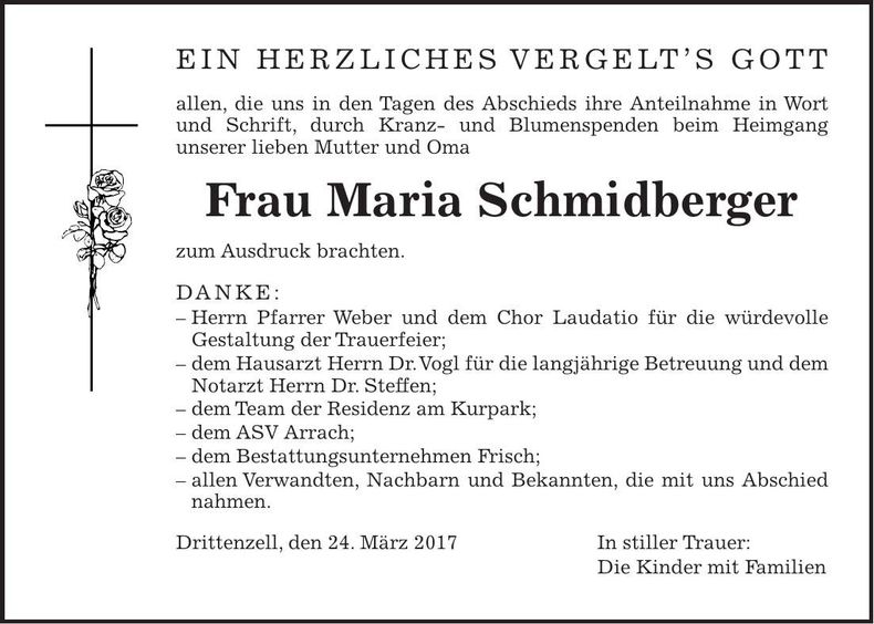 Traueranzeige Maria Schmidberger