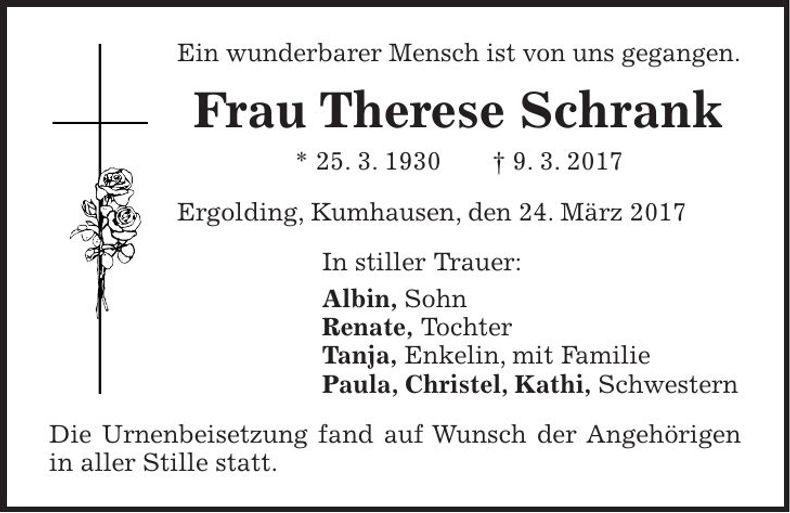 Traueranzeige Therese Schrank