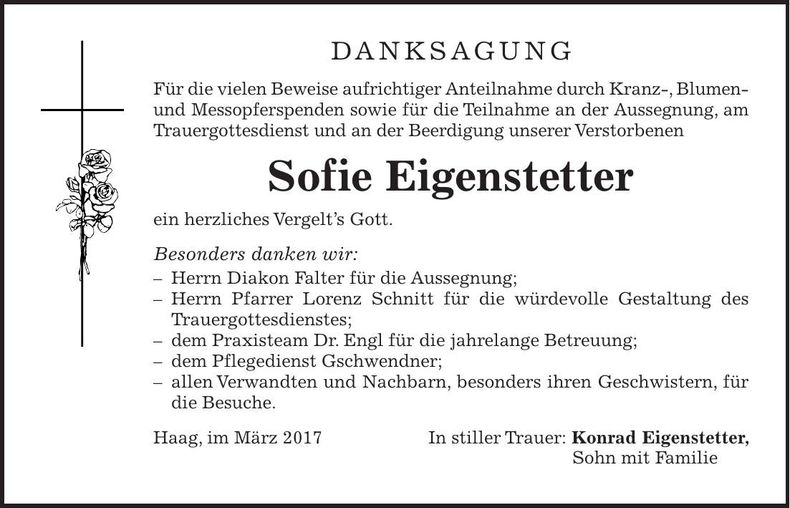 Traueranzeige Sofie Eigenstetter