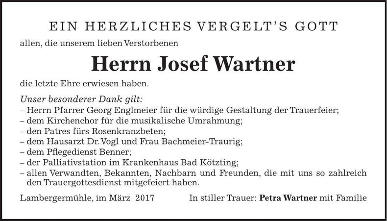 Traueranzeige Josef Wartner