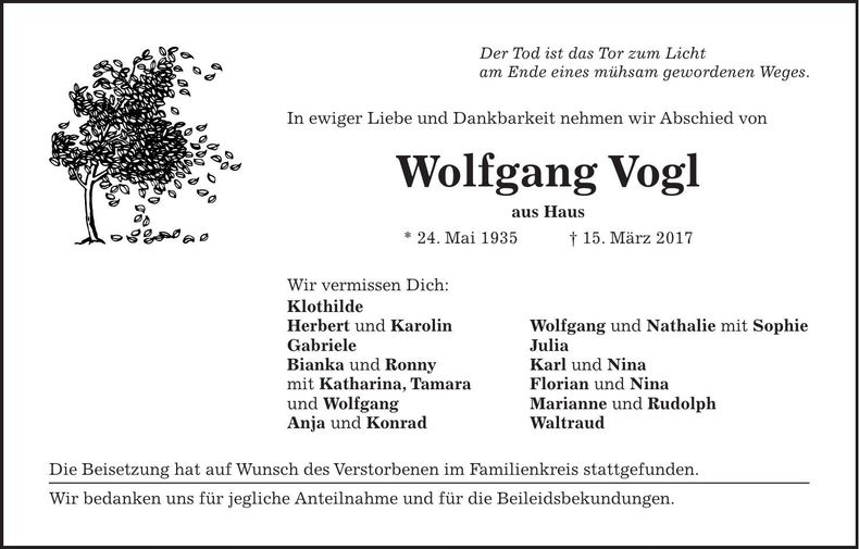 Traueranzeige Wolfgang Vogl