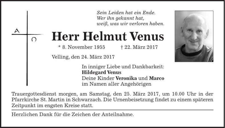 Traueranzeige Helmut Venus