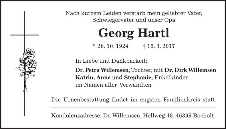 Traueranzeige Georg Hartl