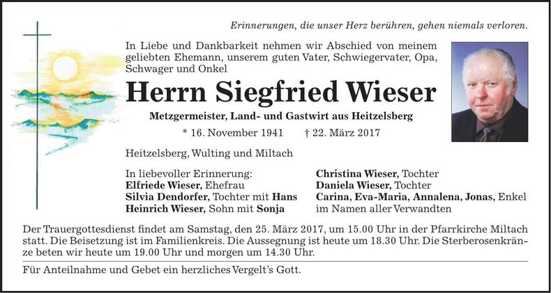 Traueranzeige Siegfried Wieser