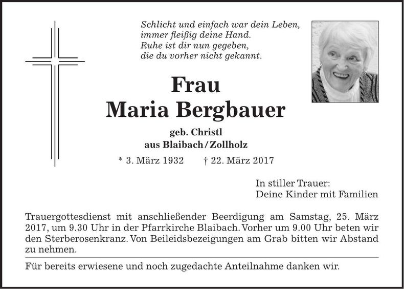 Traueranzeige Maria Bergbauer