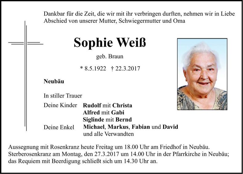 Traueranzeige Sophie Weiss
