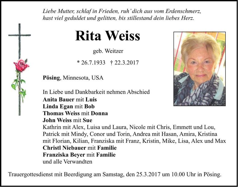 Traueranzeige Rita Weiss