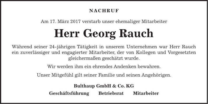 Traueranzeige Georg Rauch