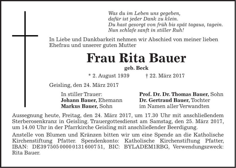 Traueranzeige Rita Bauer