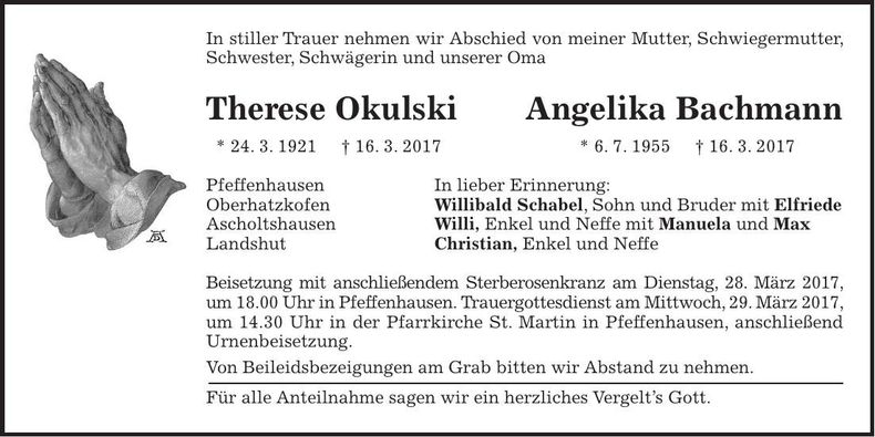 Traueranzeige Therese Okulski, Angelika Bachmann