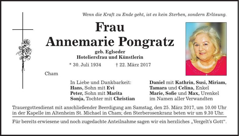 Traueranzeige Annemarie Pongratz