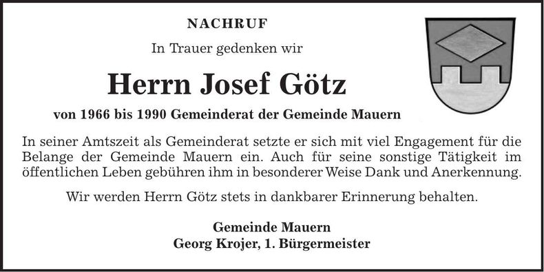 Traueranzeige Josef Götz